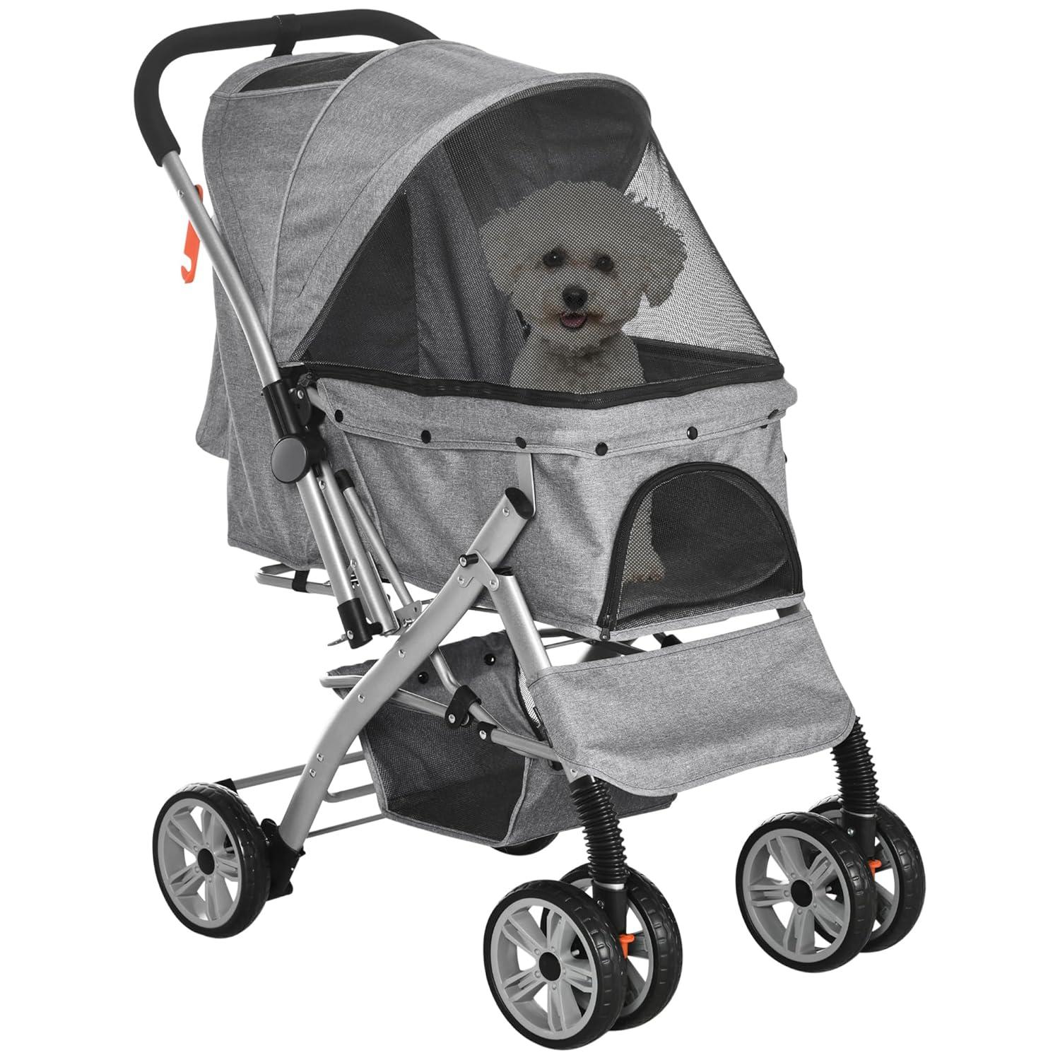 Gray Foldable Dog Stroller with Adjustable Canopy and Storage