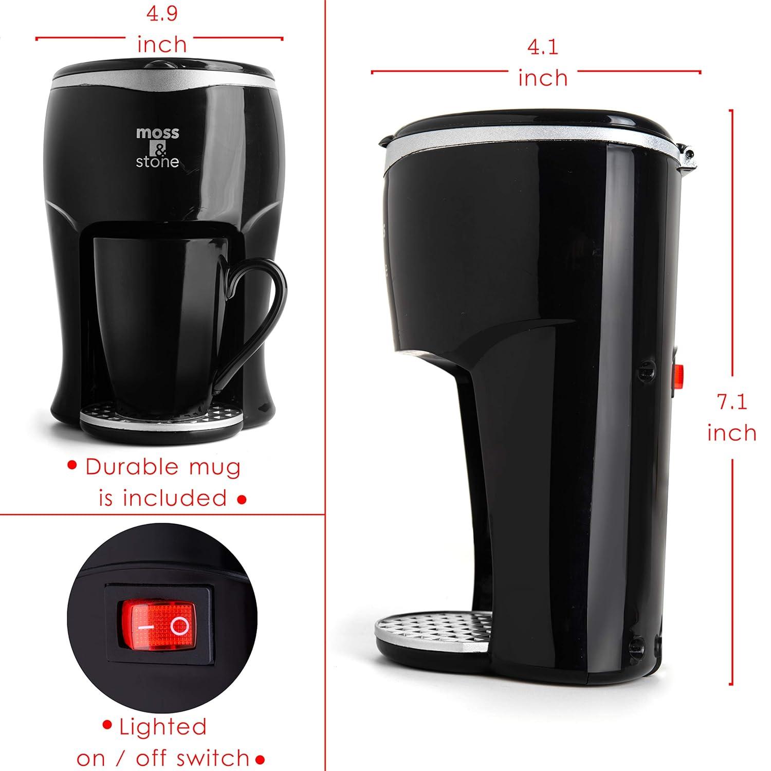 Moss & Stone Mini Drip Coffee Maker with Mug, Small Coffee Pot, One Cup Coffee Machine (1 Drip & 4oz Mug)