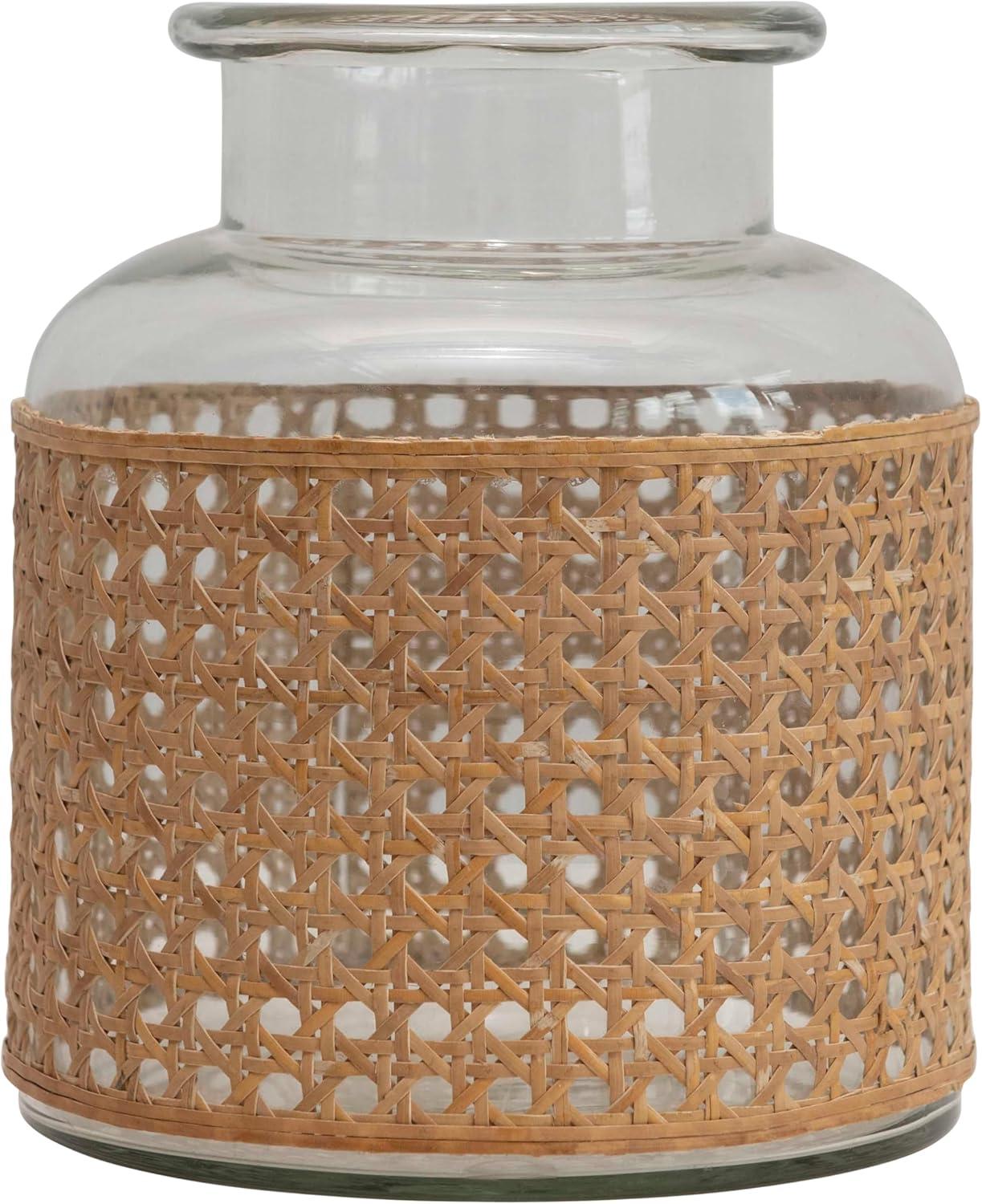 Bloomingville Round Glass Jar Vase with Decorative Cane Sleeve, Clear and Natural