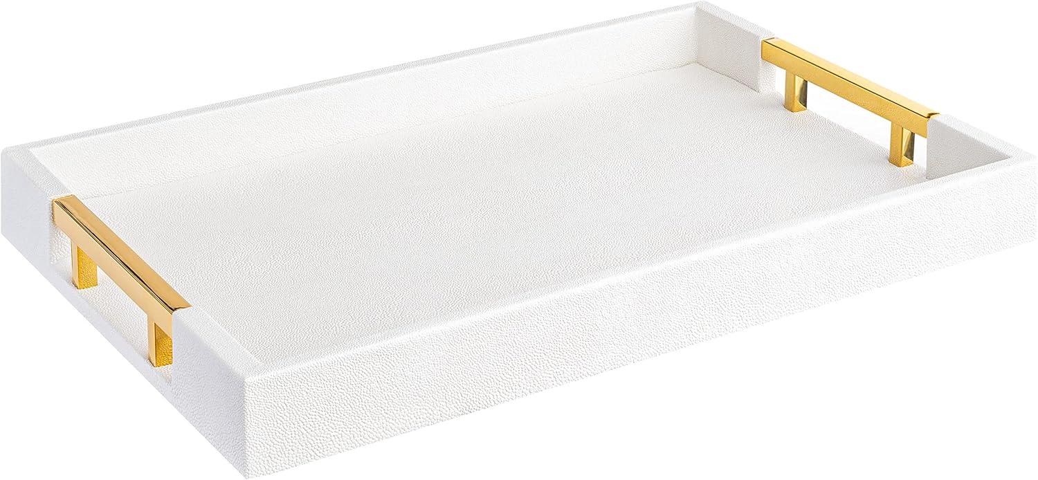 White Glossy Shagreen Faux Leather Tray with Gold Handles