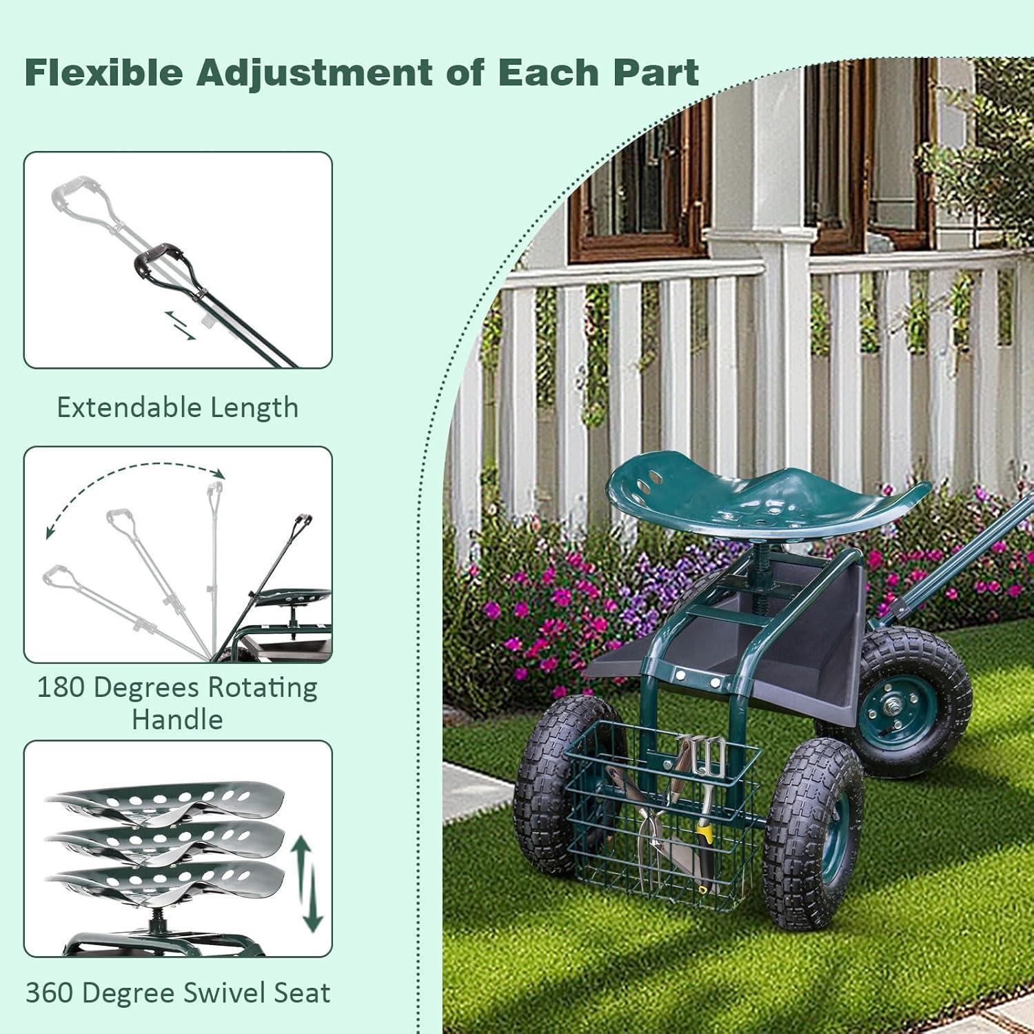 Rolling Garden Cart Scooter Stool - Garden Seat with Wheels Garden Cart with Seat, Adjustable Handle 360 Degree Swivel (Green)