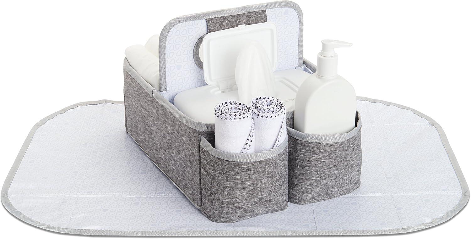 Gray Fabric Portable Diaper Caddy Organizer with Changing Pad