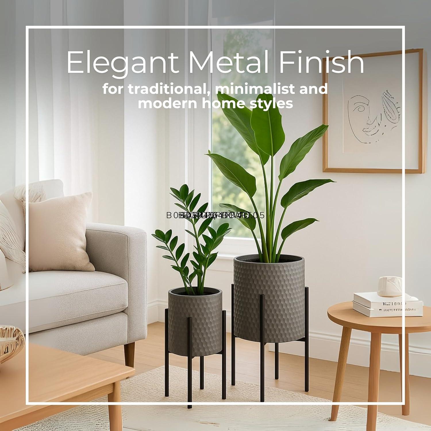 Sagebrook Home Set Of 2 Honeycomb Planter On Metal Stand, Gray/Black, Round, Iron, Contemporary, 23"H, Hexagon