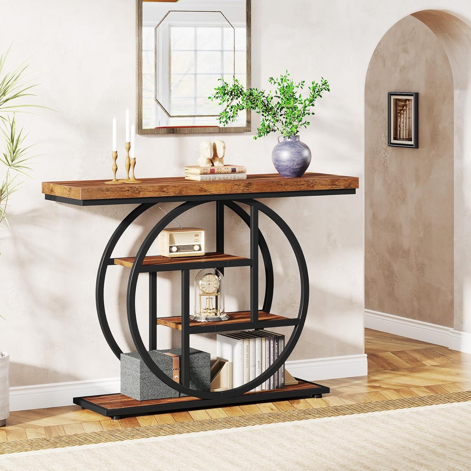 Rustic Brown Industrial 4-Tier Console Table with Circle Base