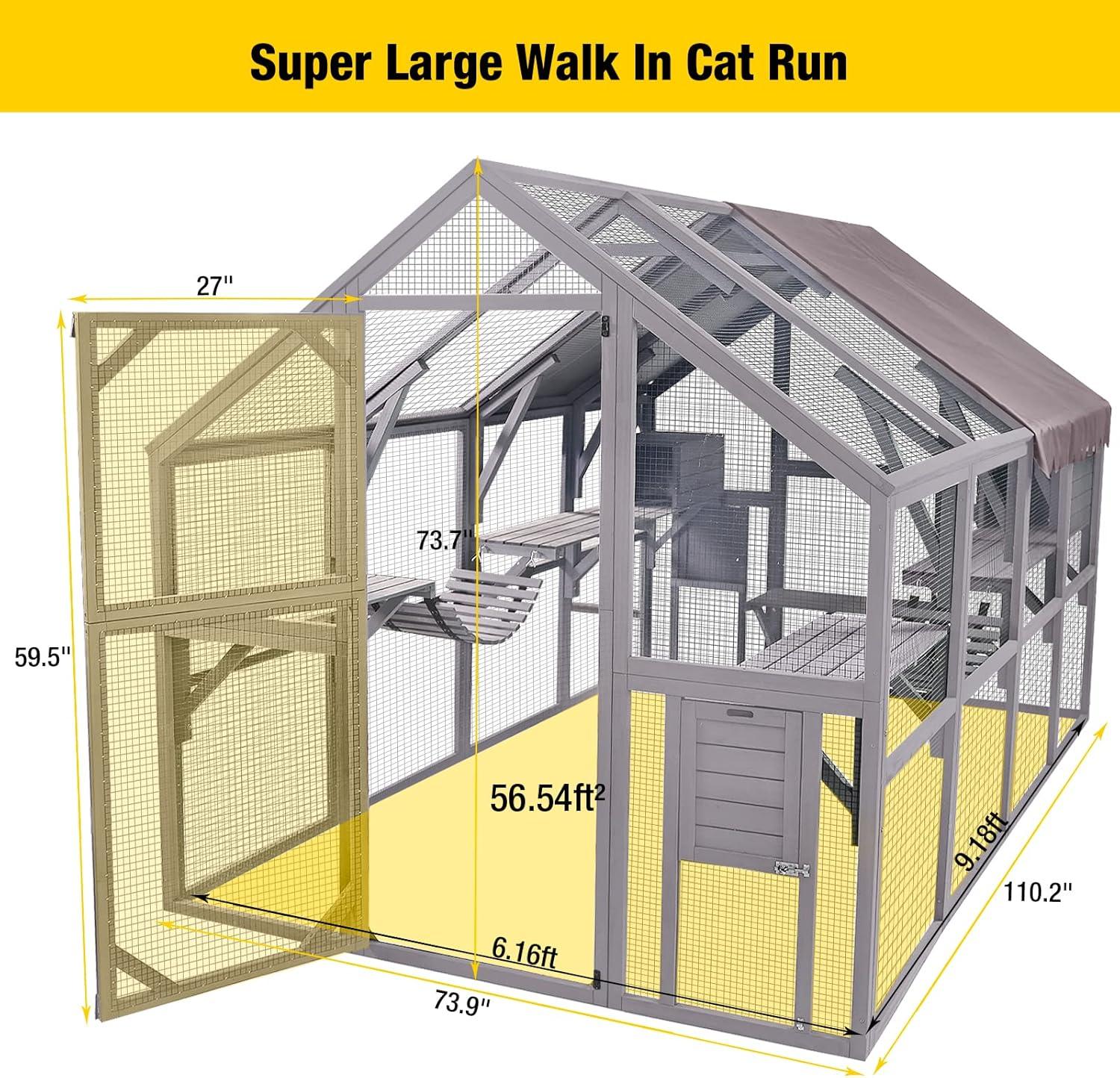 Aivituvin 110'' Extra Large Cat House Outdoor Walk-in Cat Enclosure Wooden Catio Cage with Bridges, Platforms, Rest Rooms, Roof Cover