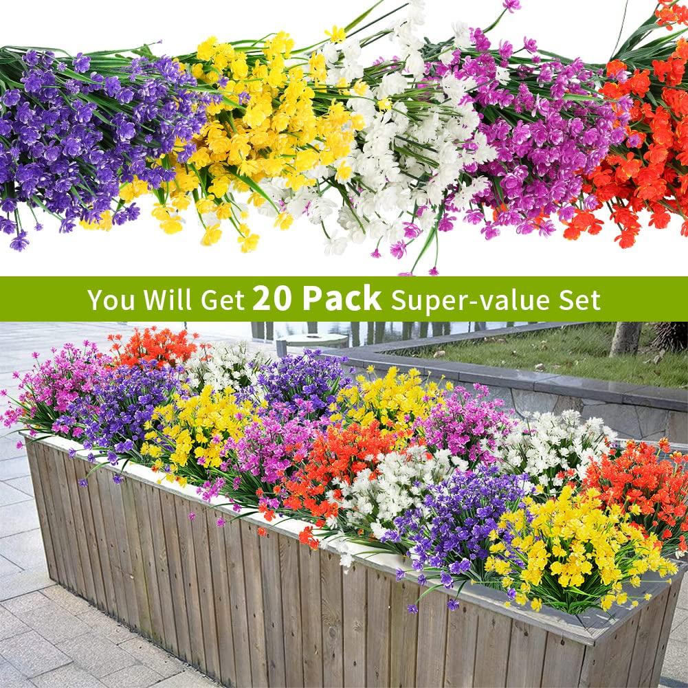 20 Bundles Outdoor Artificial Flowers UV Resistant No Fade Fake Boxwood Plastic Plants Greenery Shrubs for Garden Porch Window Box Home Wedding Décor - Indoor/Outdoor Use