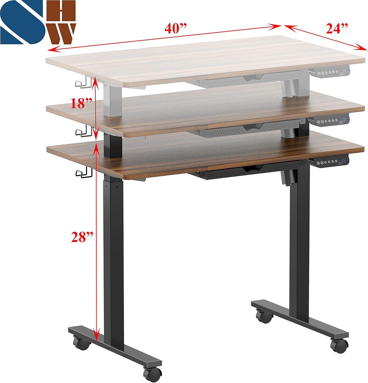 SHW 40-Inch Mobile Electric Height Adjustable Sit to Stand Desk with Drawer, Hanging Hooks and Cable Management, Walnut