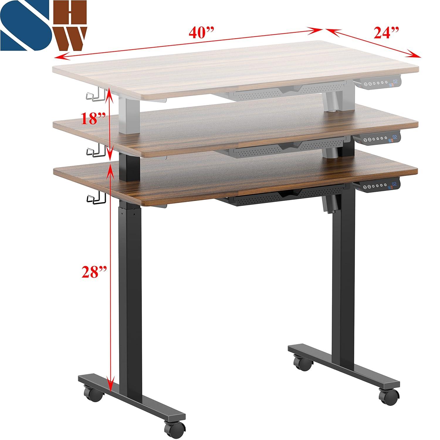 SHW 40-Inch Mobile Electric Height Adjustable Sit to Stand Desk with Drawer, Hanging Hooks and Cable Management, Walnut