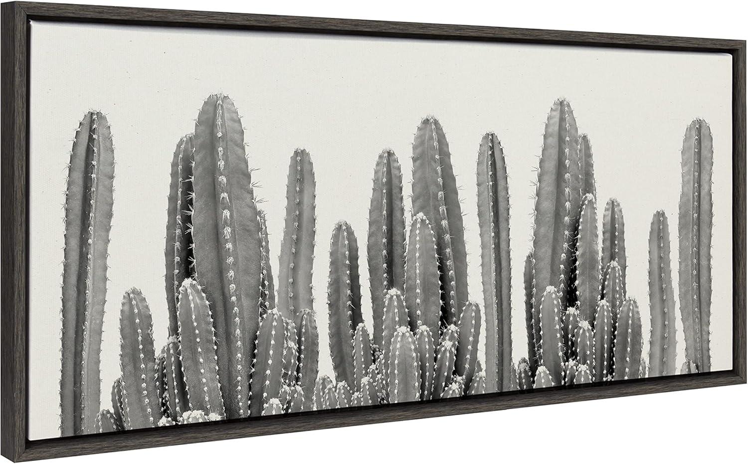 Kate and Laurel Sylvie Black and White Looking Sharp Cactus Garden Framed Canvas Wall Art by The Creative Bunch Studio, 18x40 Panel Gray, Muted Landscape Art