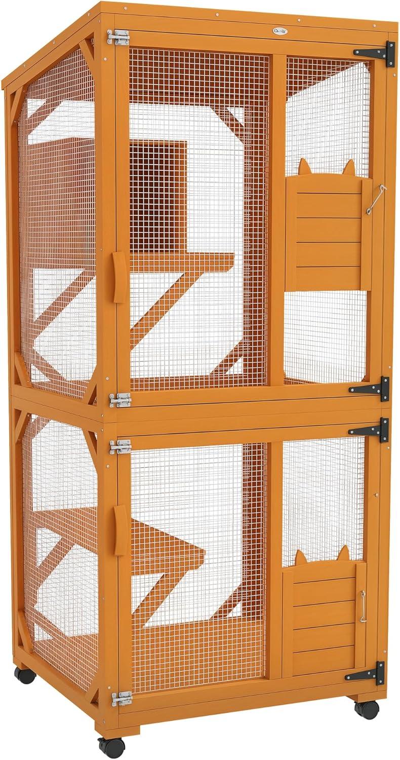 PawHut Catio Outdoor, Large Cat Enclosure, Wooden Kitten House, Elevated Design, with Wheels, Water-Resistant, Multi Platforms, for 1-3 Cats, Orange