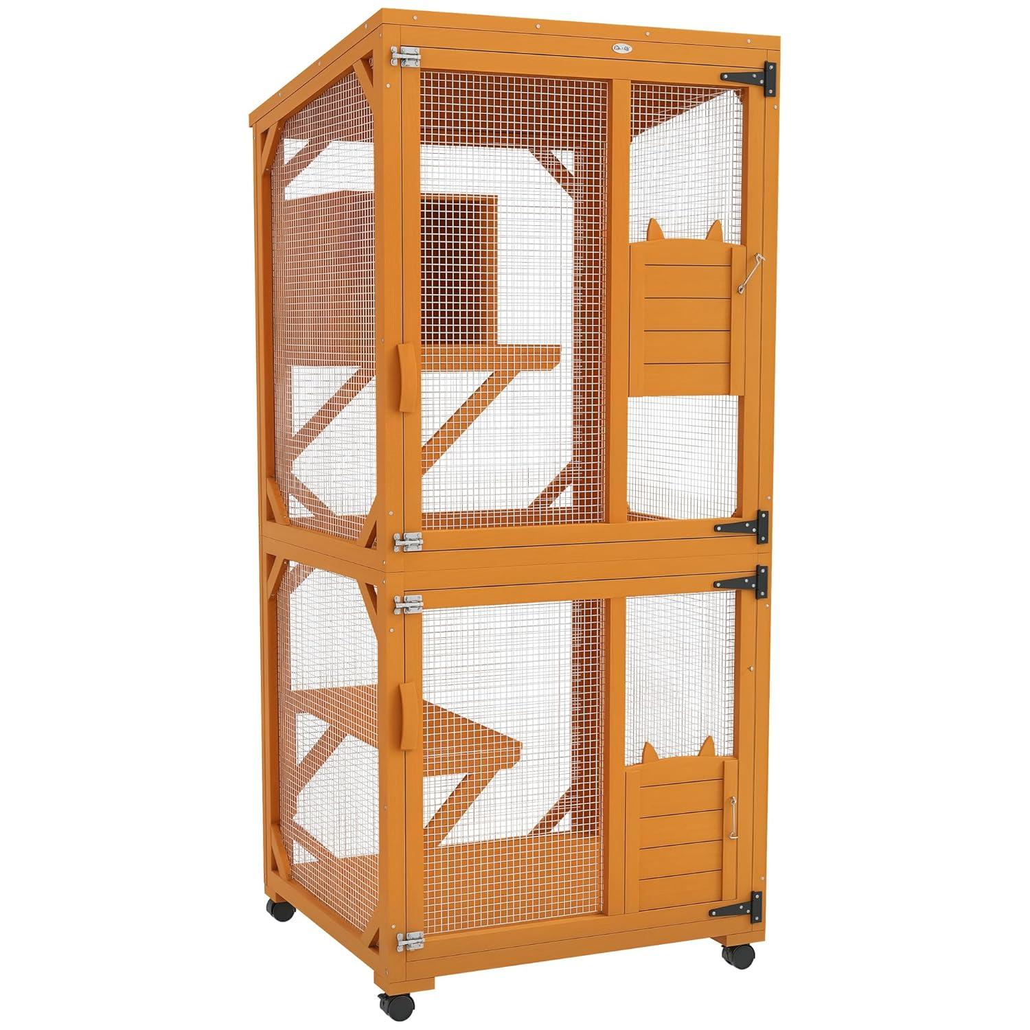 PawHut Catio Outdoor, Large Cat Enclosure, Wooden Kitten House, Elevated Design, with Wheels, Water-Resistant, Multi Platforms, for 1-3 Cats, Orange