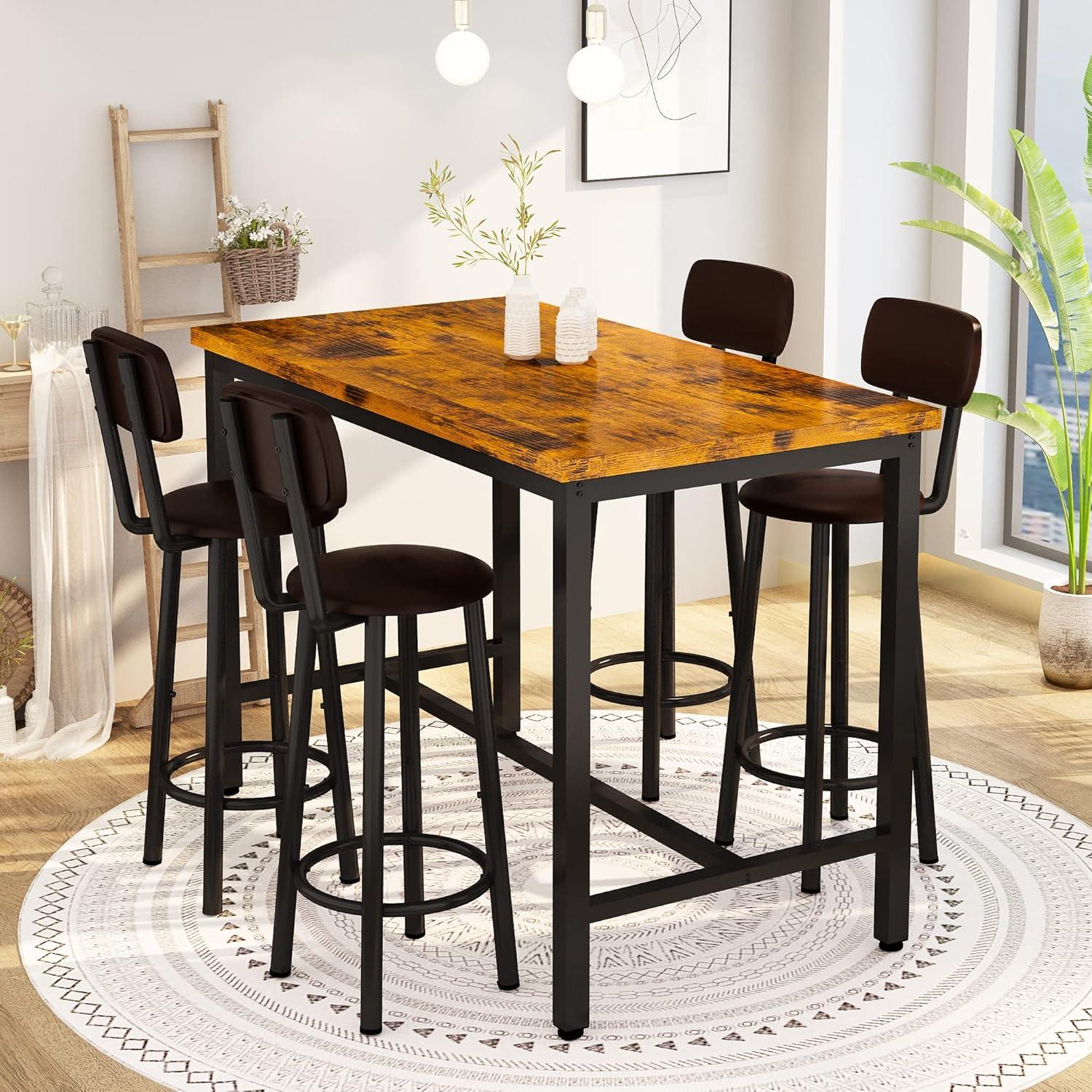 Recaceik Bar Table and Chairs Set Industrial Counter 35.4"H Table Set with 4 PU Upholstered Stools