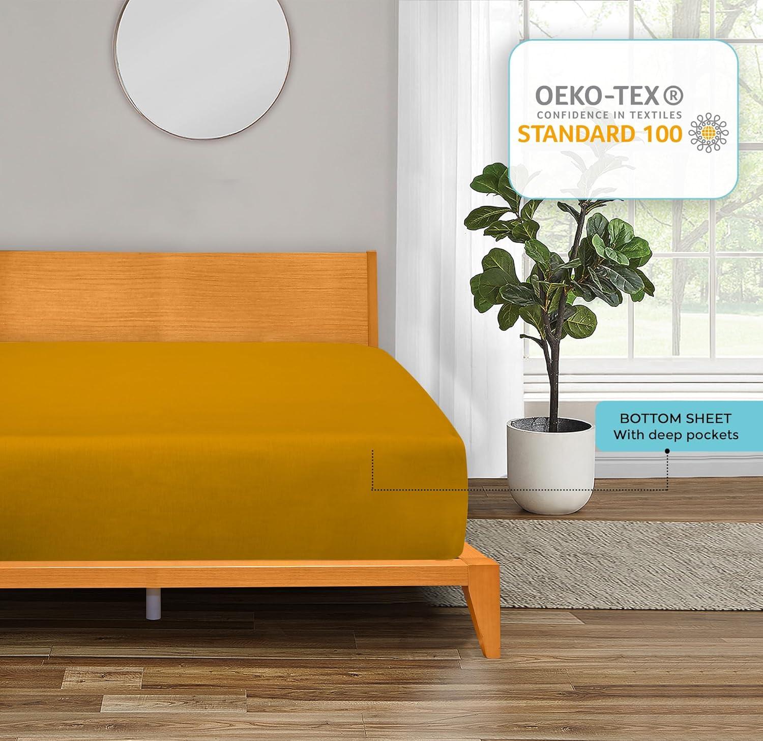 Royale Linen 300 Thread Count 100% Long Staple Combed Cotton Fitted Sheet - Super Soft Deep Pocket Bottom Sheet - Yellow Fitted Sheet Twin Size - Twin Fitted Sheet Only - Elastic Sheet (Twin, Yellow)