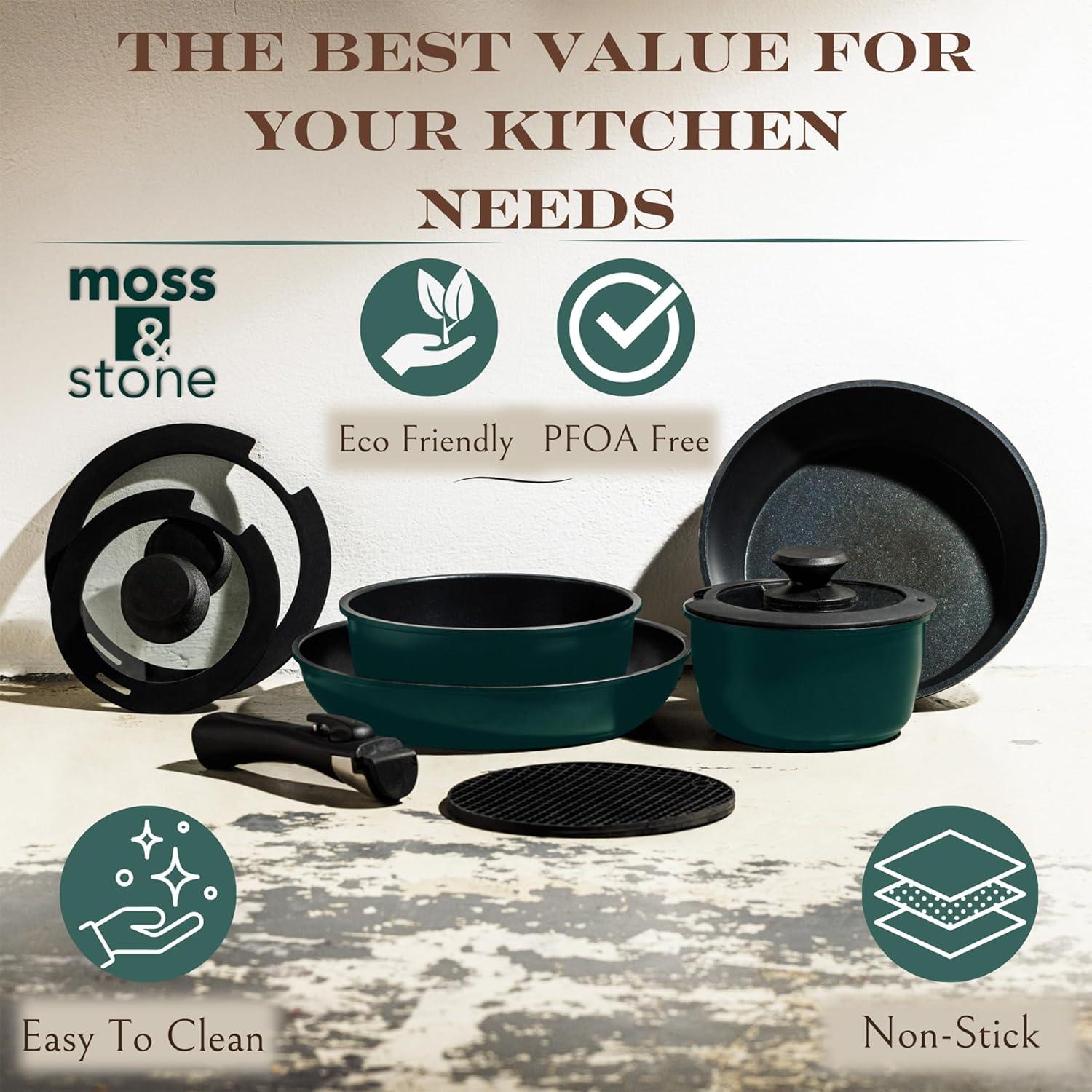 Moss & Stone 10 Pcs Blue Pots And Pans Set Removable Handle, Induction Cookware Set, Stackable Pots And Pans Set Dishwasher Safe, Detachable Handle Pots And Pans, Camping Cookware Set Non Stick