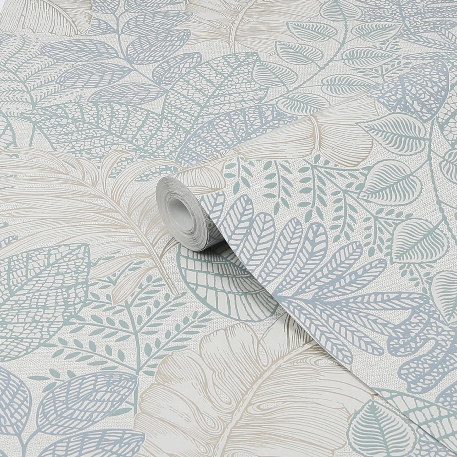 Scattered Leaves Blue and Beige Metallic Wallpaper