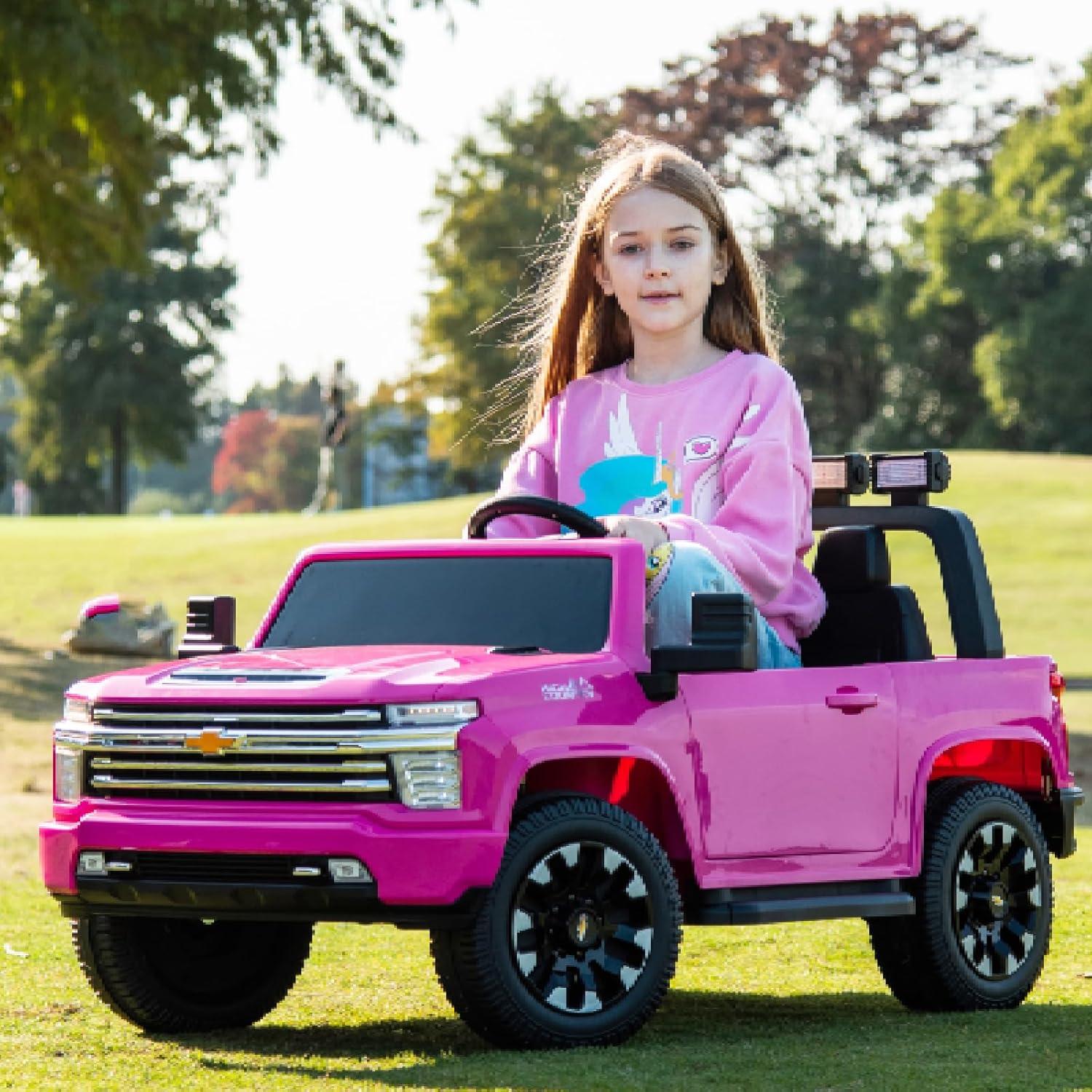 LUIBAS 24V Ride on Toy, 2 Seater Licensed Chevrolet Silverado HD with Remote Control, Battery Powered Kids Electric Ride on Truck for Boys Girls with Wear-Resistant EVA Tires, Music, Bluetooth, Red