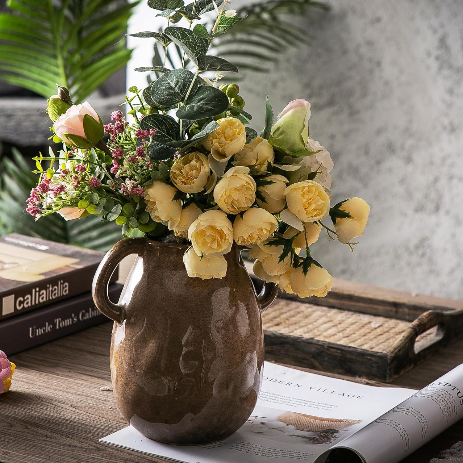 Kimdio Brown Ceramic Vase with 2 Handles, Modern Farmhouse Vase for Home Decor, Vintage Rustic Pottery Vase, Decorative Terracotta Vase, Clay Jug for Living Room Dining Table Shelf