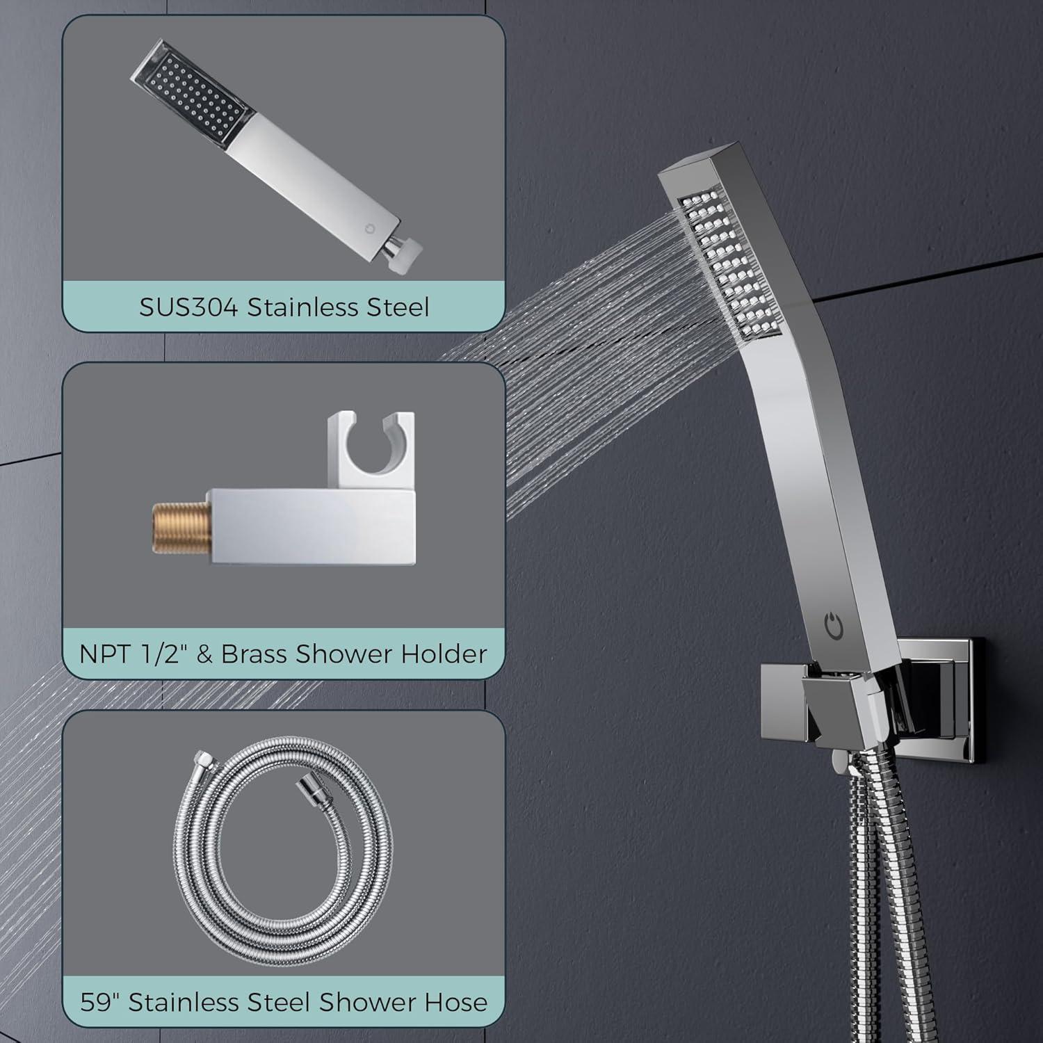 FORIOUS Shower Head System, 12 Inch Rain Shower Faucet Set with Handheld Spray Combo Rough-in Valve, Solid Brass Pressure Balanced Valve Trim Kit, Ceiling Mount, Chrome