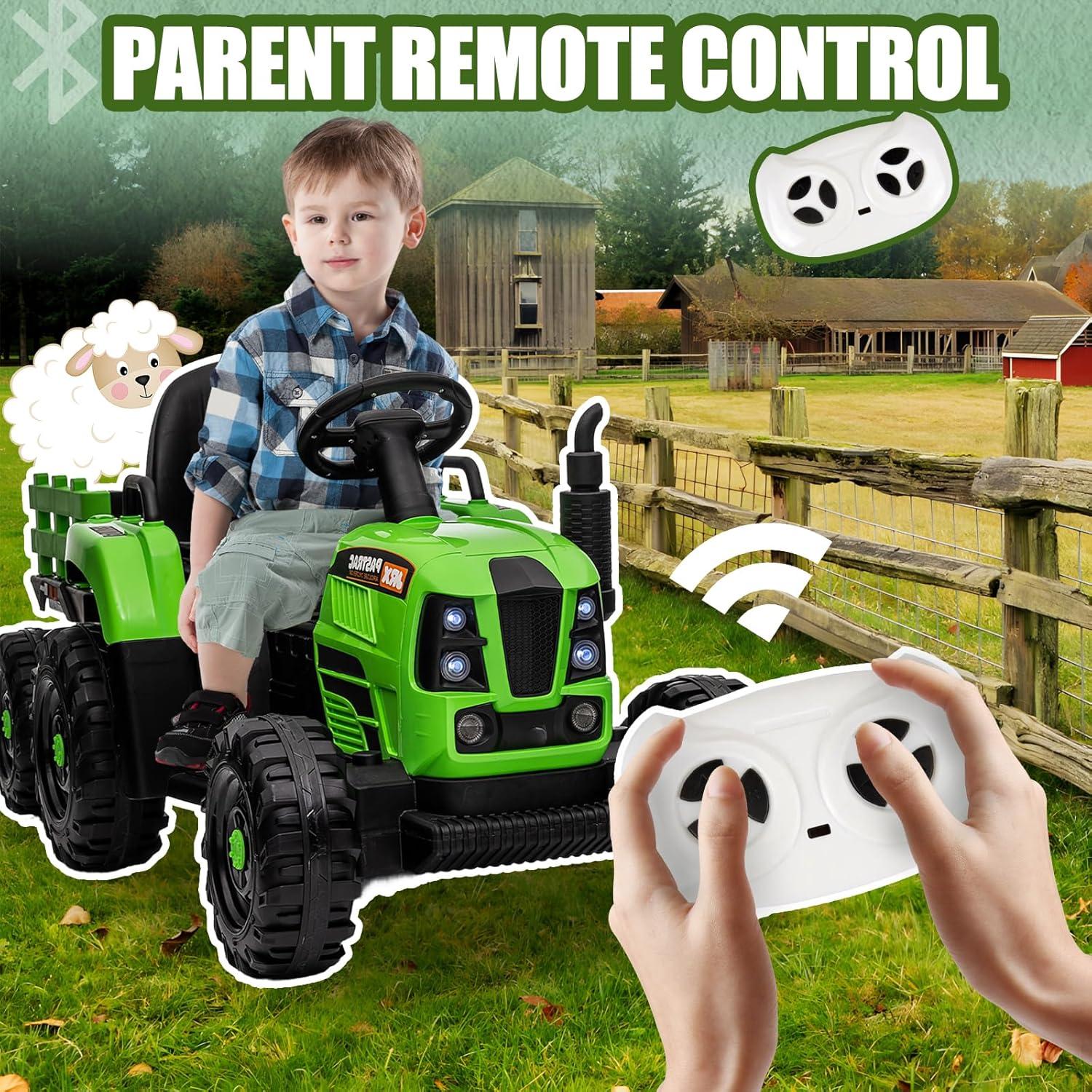 LoLado 12V Ride on Tractor with Trailer Battery Powered Electric Toy w/Remote Control for Kids,3 Speed Adjustable, USB, MP3 ,Bluetooth, LED light, Two-point Safety Selt, Green