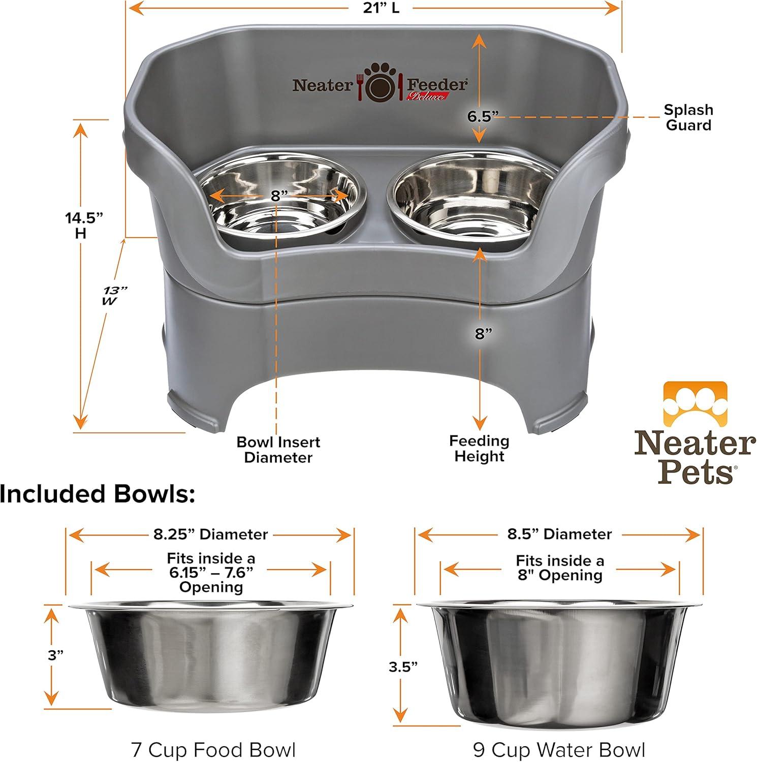 Neater Feeder - Deluxe Model - Mess-Proof Dog Bowls (Large, Gunmetal) - Made in USA - Elevated, No Spill, Non-Tip, Non-Slip, Raised Stainless Steel Food & Water Pet Bowls