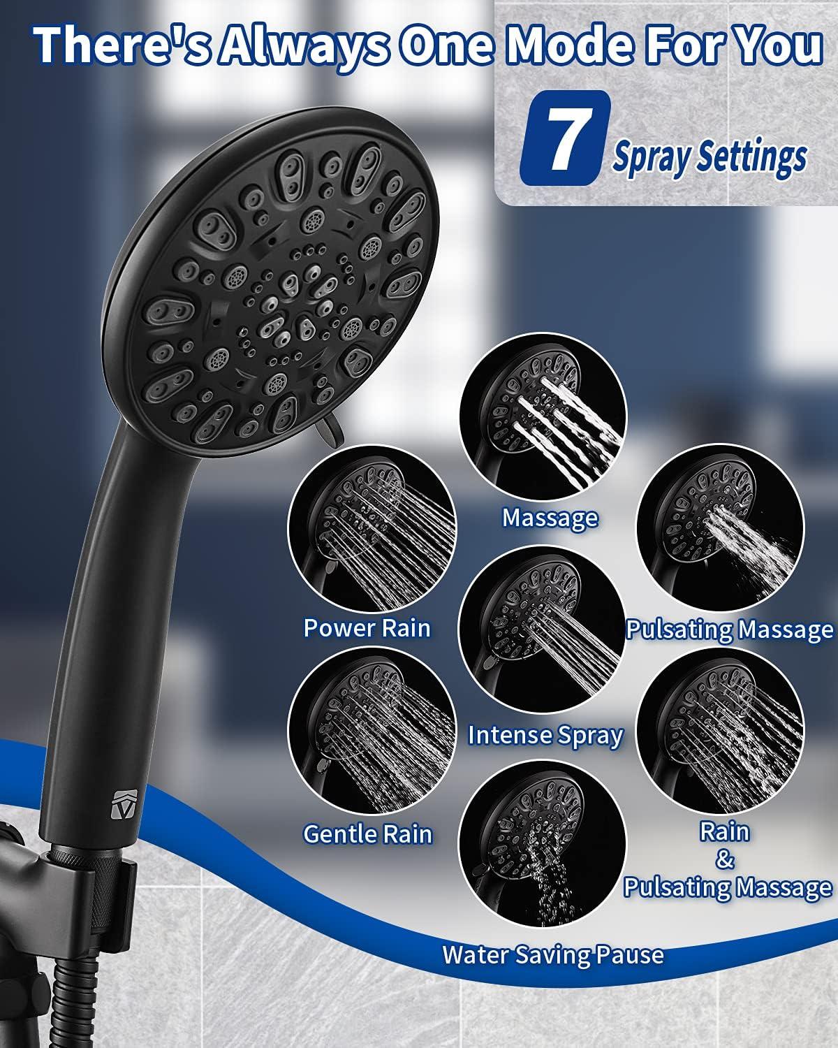 Matte Black 7-Spray Handheld Shower Head with Stainless Steel Hose