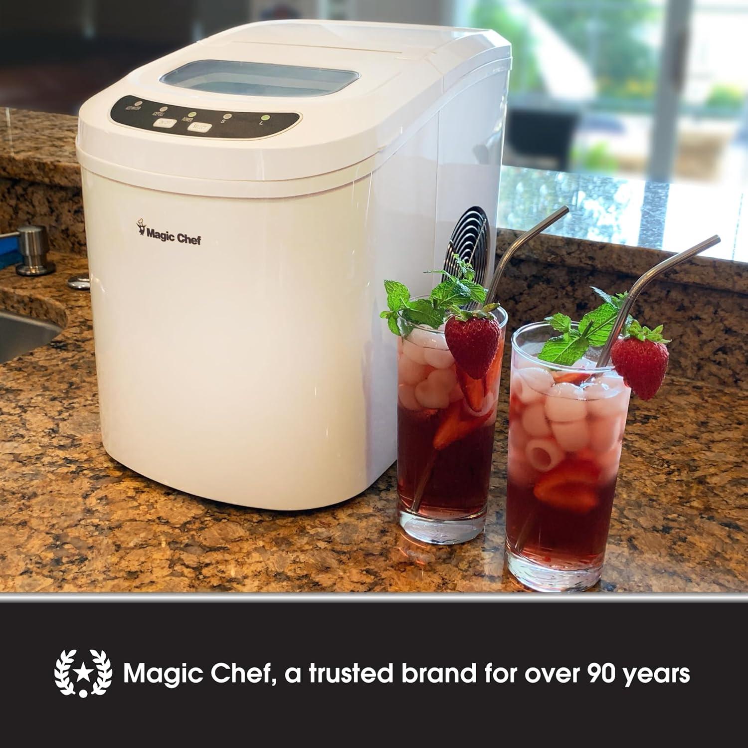 Magic Chef 27 lb. Capacity Portable Countertop Ice Maker, White and Makes Bullet Ice