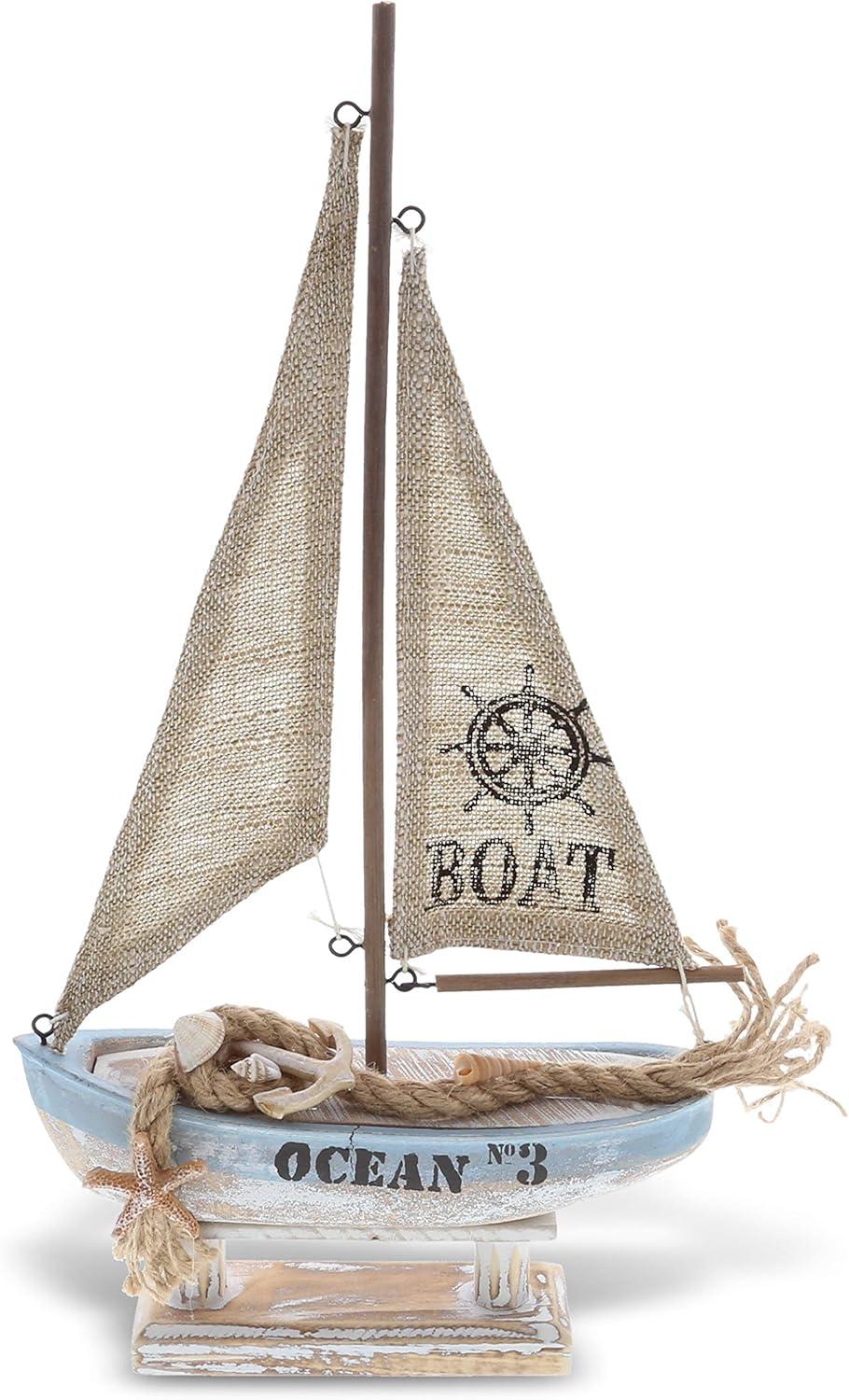 CoTa Global Coastal Horizon Wooden Sailboat Model Ship Nautical Decor, Rustic Nautical Sailboat Decor Table Top Decorations for Living Room Centerpiece and Beach Decorations for Home - 14.1 Inches