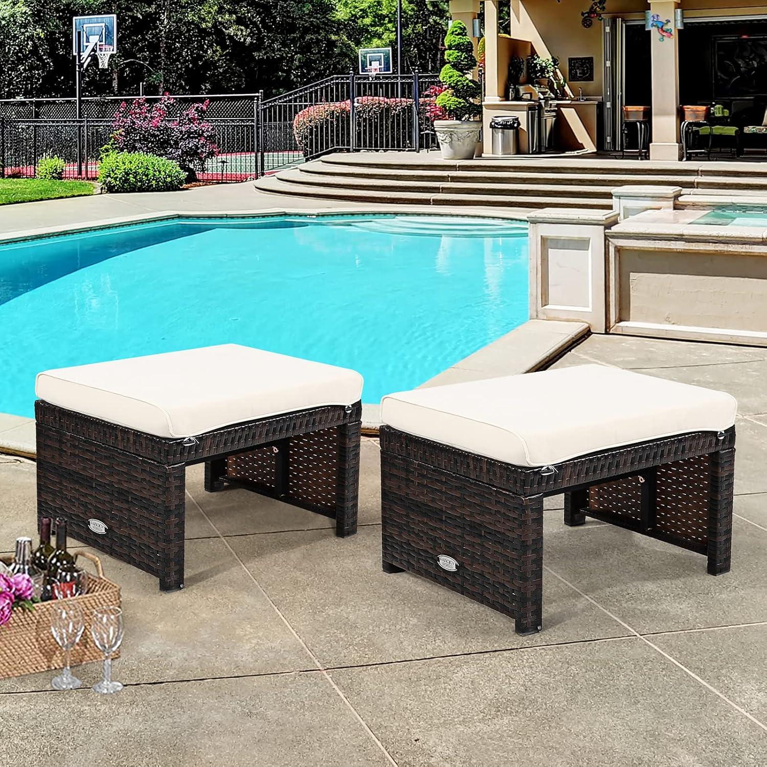 GVN 2 Pieces Patio Rattan Ottomans with Soft Cushion for Patio and Garden-White, Outdoor Footstool Footrest Furniture, All Weather Outdoor Ottomans Footrest Seat