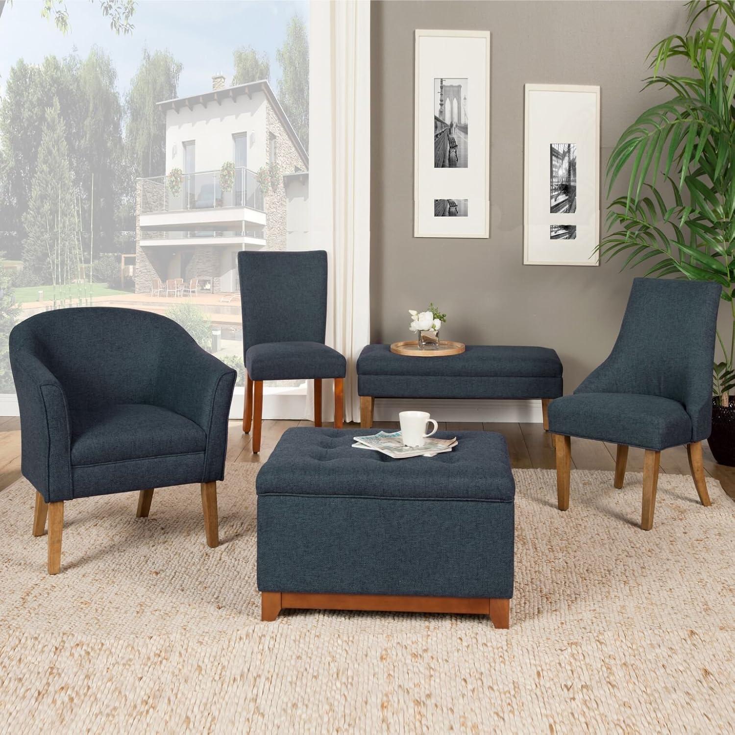 Cocktail Storage Bench Navy - HomePop: Upholstered, Tufted, Wood Base, Honey Oak Finish