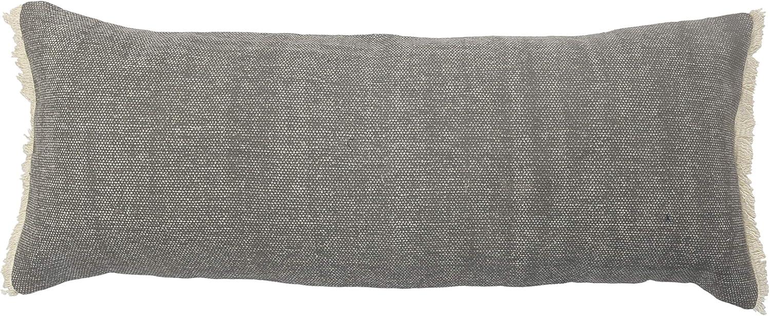 Charcoal Gray Cotton Fringed Rectangular Throw Pillow 14" x 36"