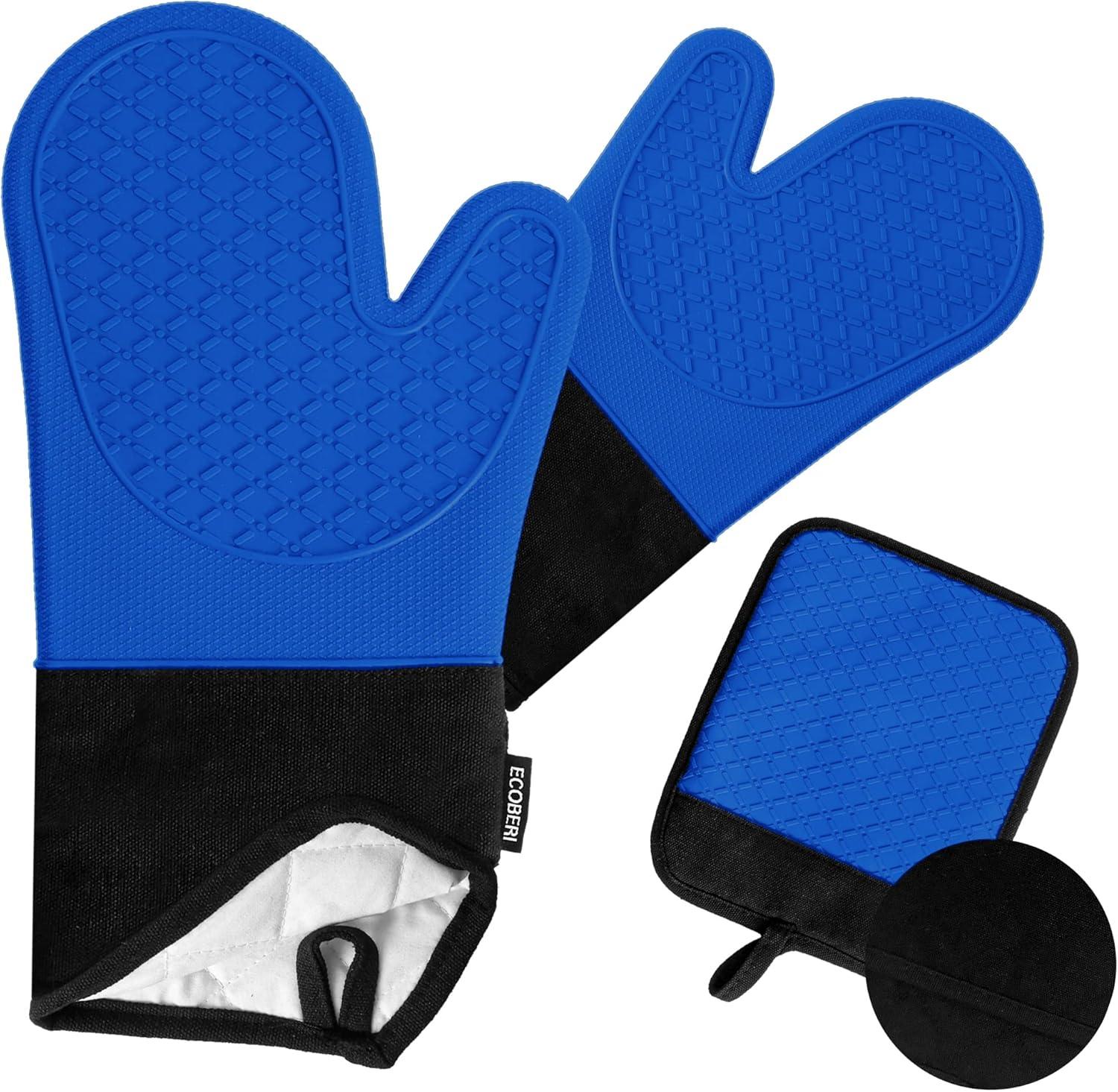 Ecoberi Silicone Oven Mitts and Pot Holder Set, Heat Resistant, Cook, Bake, BBQ, Pack of 3 Blue