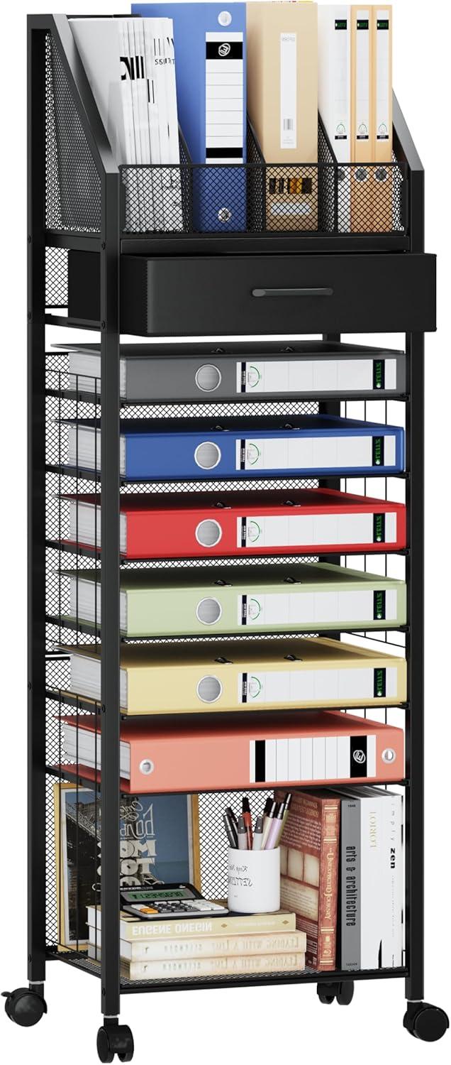 SWTYMIKI 9-Tier Rolling File Cart - Paper Organizer with Drawer and Trays, Wood Desk Office Organizer, Office Organization and Binder Storage for Workspace, Home, School, Black