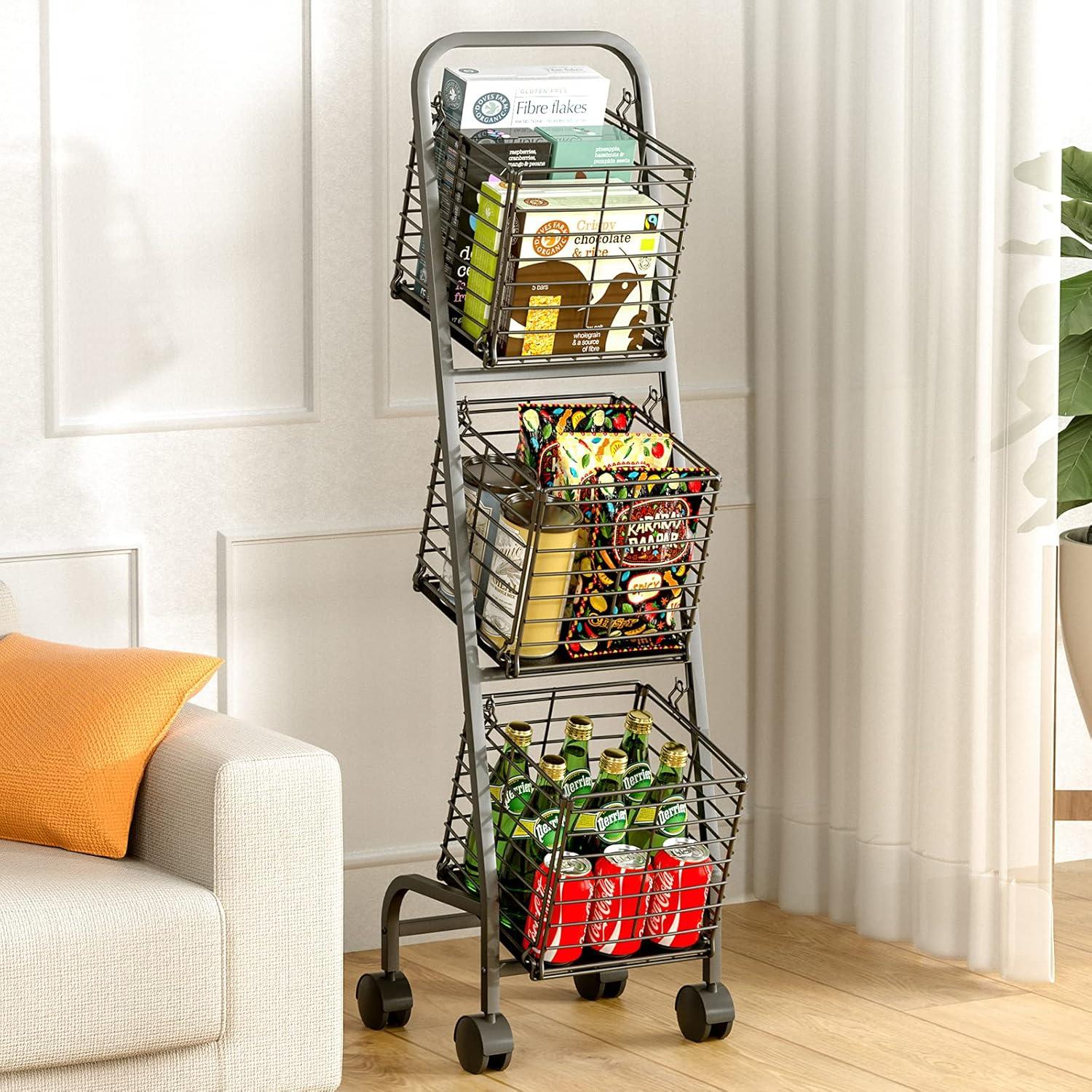 OUMIKEJI 3-Tier Fruit Basket Stand For Kitchen, Wire Market Basket Food Storage Stand With Wheels, Vegetable Produce Pantry Basket Organizer