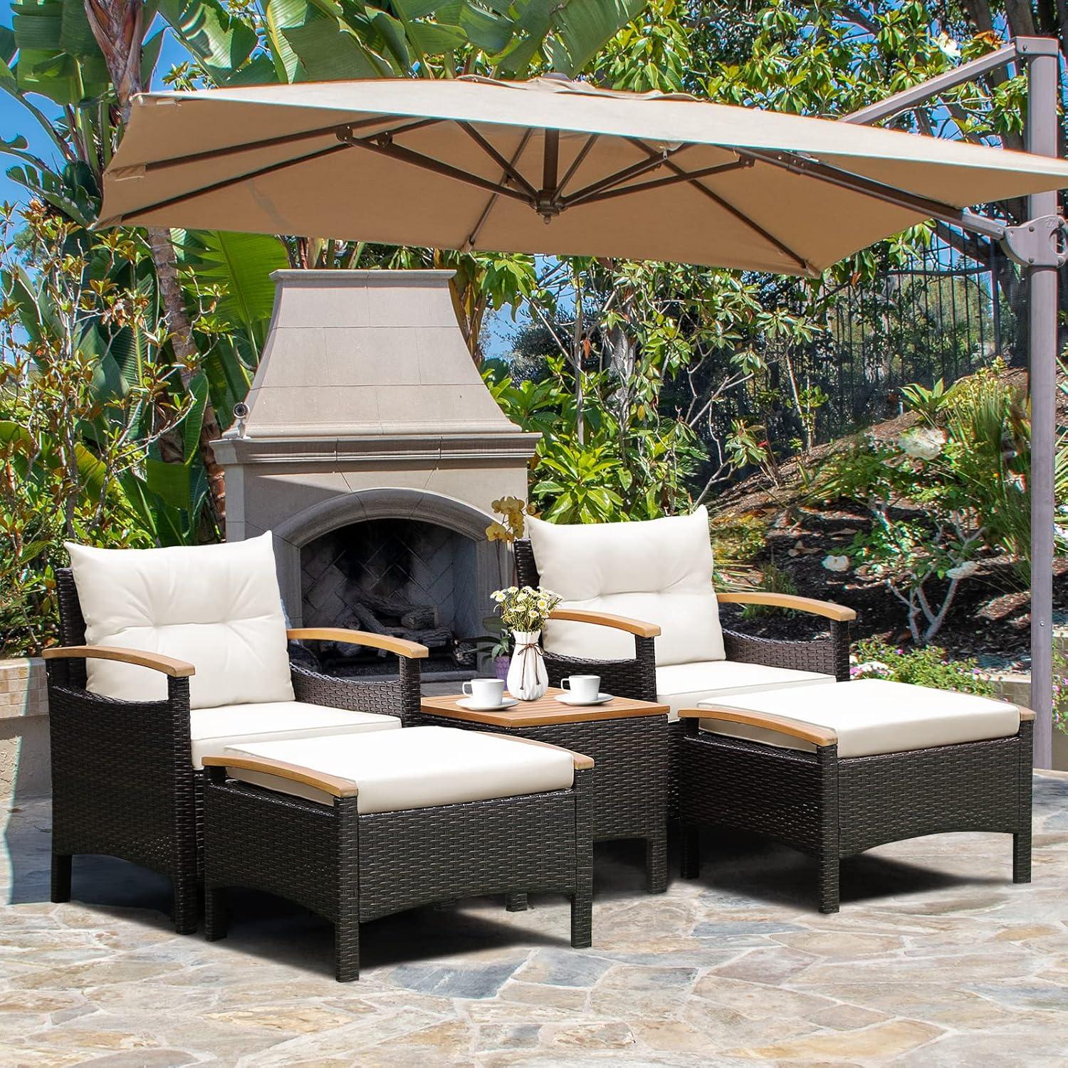 5-Piece Brown Wicker and Wood Patio Set with White Cushions