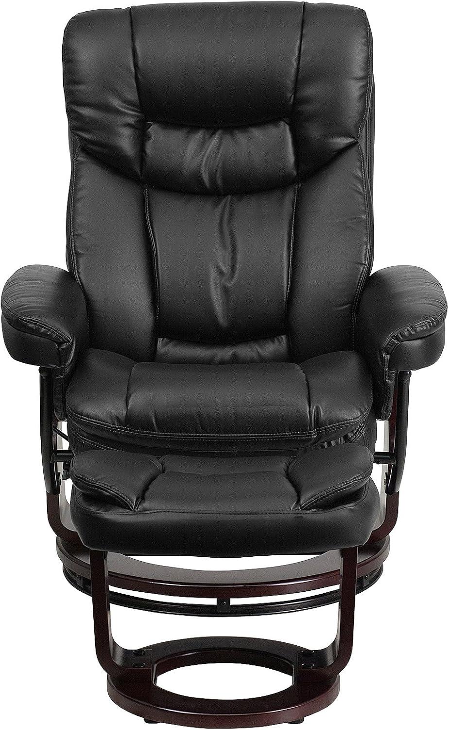 Flash Furniture Contemporary Multi-Position Recliner and Curved Ottoman with Swivel Mahogany Wood Base