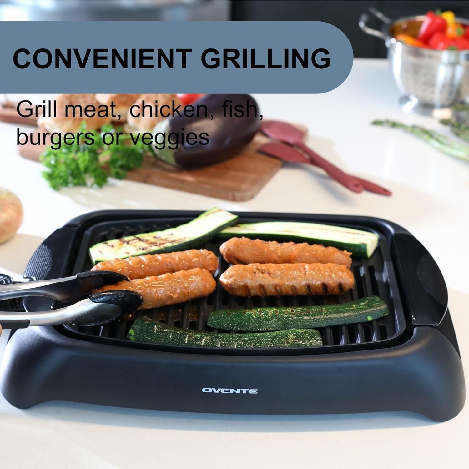 OVENTE Electric Indoor Grill with 13"x10" Nonstick Cooking Surface, 1000W Power, Black GD1632NLB