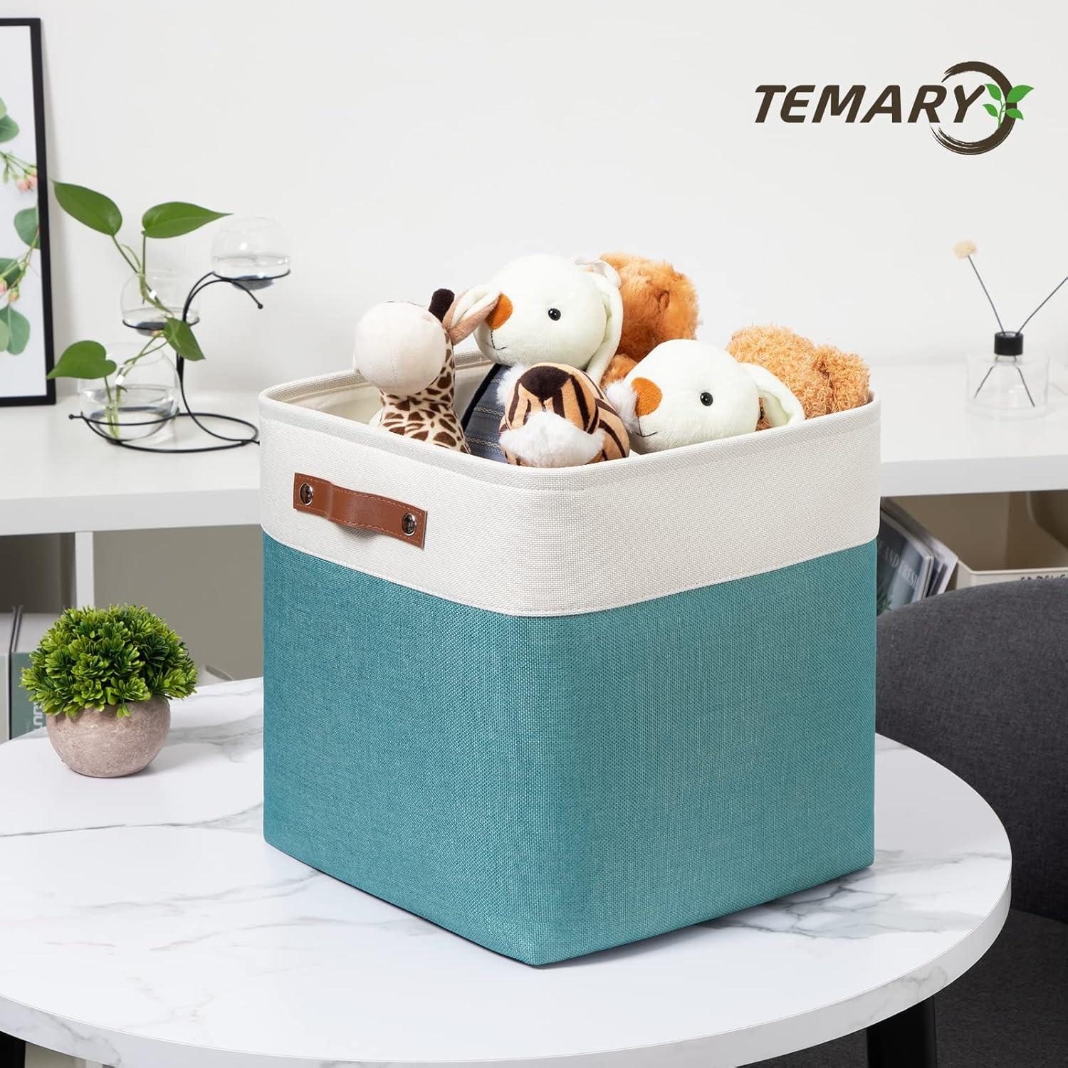 Tegance 13x13 Storage Cubes Baskets 4 Pack Fabric Cube Storage Bins Large Storage Baskets with Leather Handles,Decorative Storage Boxes for Organizing Shelves(WhiteGreen)