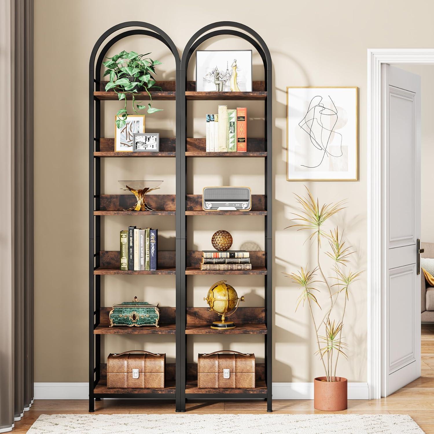 Tribesigns 6-Tier Open Bookshelf, 78.7" Tall Arched Bookcase Narrow Bookshelf, Rustic Brown