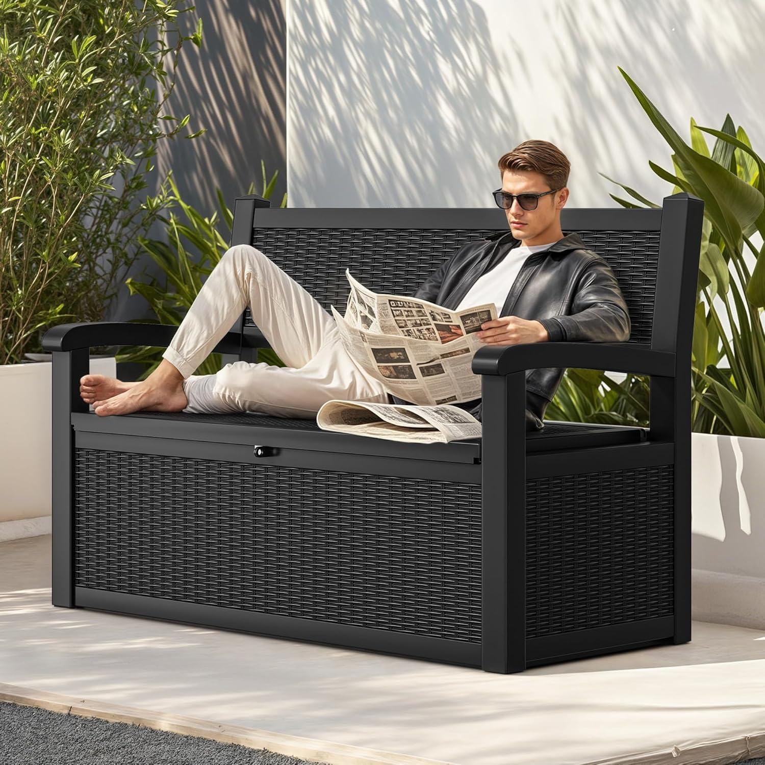 YITAHOME 32 Gallon Rattan Deck Box, Indoor Outdoor Storage Box for Patio Furniture, Pool Accessories, Cushions, Garden Tools, Sports Equipment, Waterproof Resin with Lockable Lid & Side Handles, Black