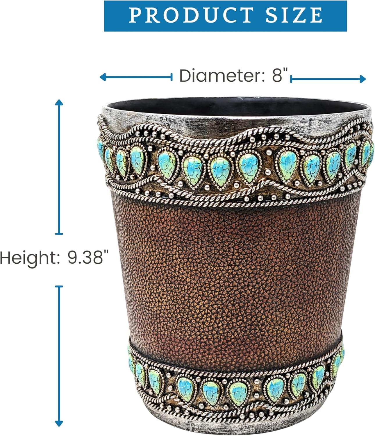 Decor Idea Decorative Resin Faux Leather Small Wastebasket with Turquoise Gem - Southwestern Rustic Trash Bin