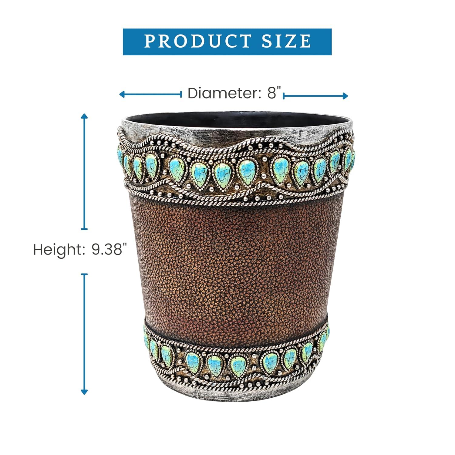 Decor Idea Decorative Resin Faux Leather Small Wastebasket with Turquoise Gem - Southwestern Rustic Trash Bin