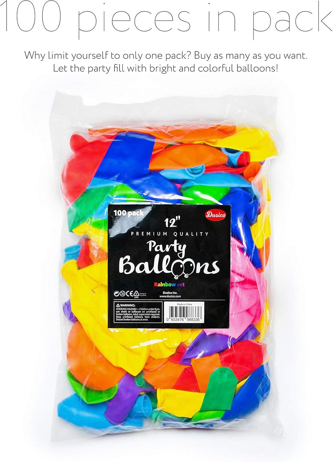 Dusico® Balloons Rainbow Set (100 Pack) 12 Inches, Assorted Bright Colors, Made With Strong Multicolored Latex, For Helium Or Air Use. Kids Birthday Party Decoration AccessoryS301