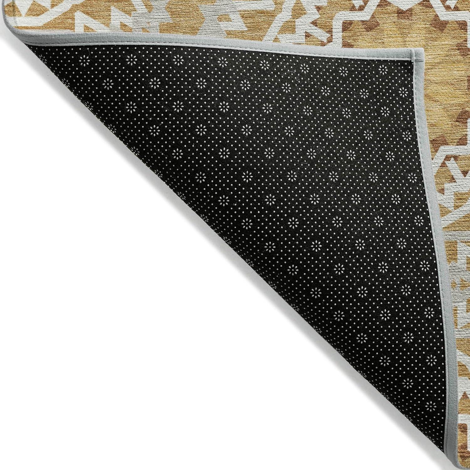 Gold and White Synthetic Flat Woven Runner Rug