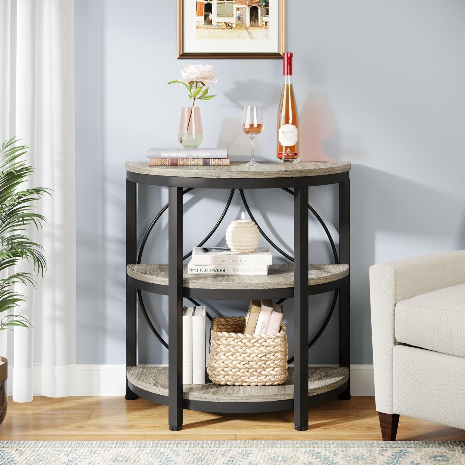 17 Stories 3-Tier Half Round End Table, Narrow Side Table with Metal Frame, Small Half Moon Accent Table for Living Room, Bedroom