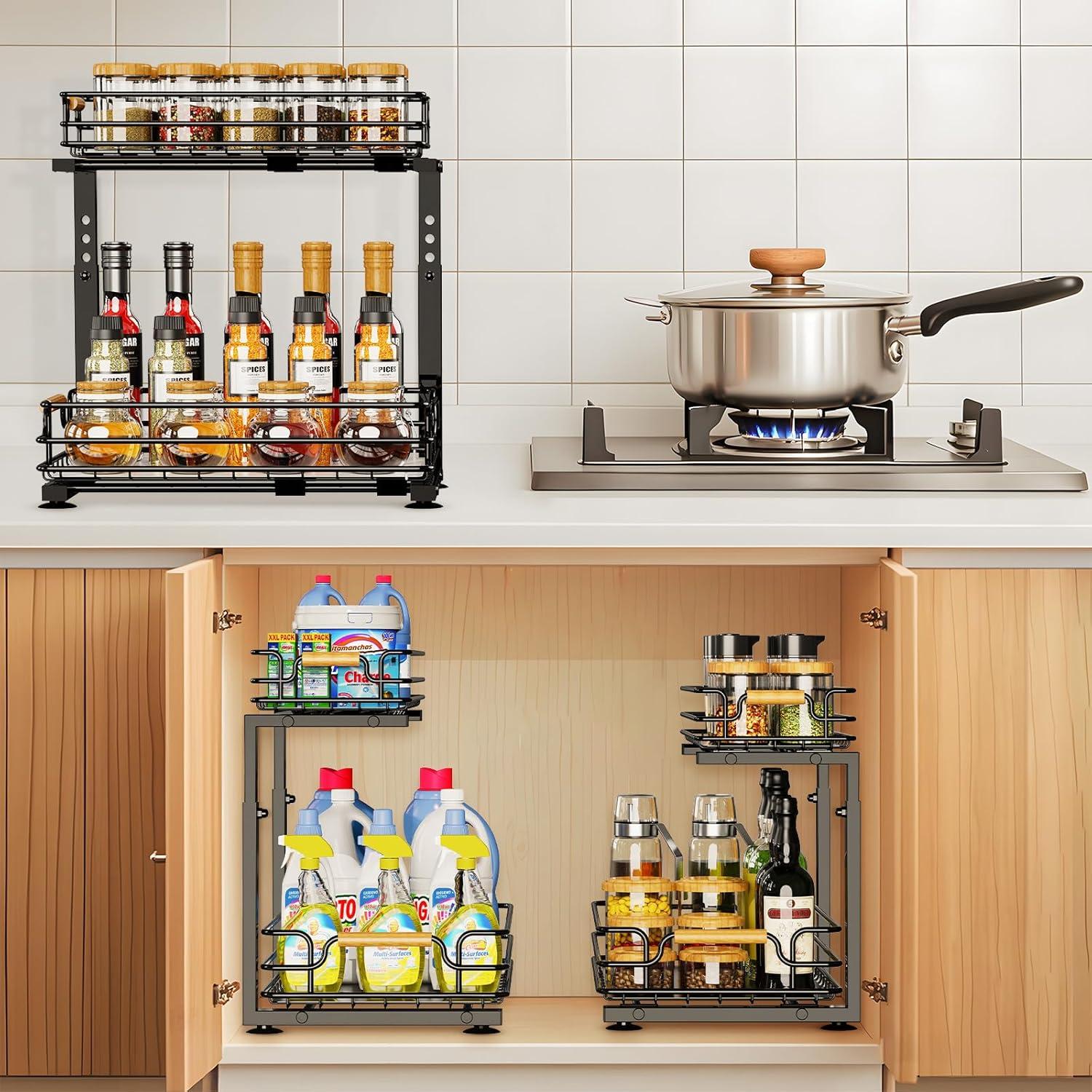 Rebrilliant Under Sink Organizer, 2 Tier Under Sink Organizers And Storage, Metal Slide Out Pull Out Cabinet Organizer ,2 Pack Sliding Drawer Organizer For Kitchen Bathroom Pantry