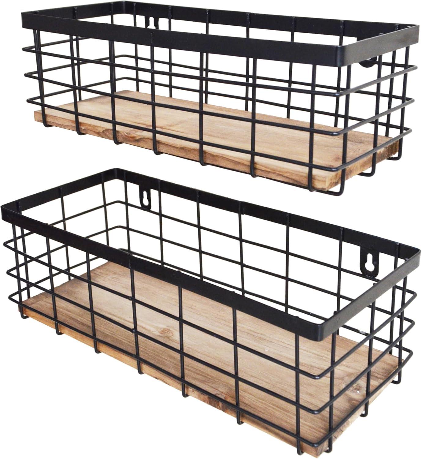 Metal Wire Basket Detachable Wood Base Storage Organizer Farmhouse Small Bins for Kitchen Cabinets, Bathroom, Pantry, Laundry Room, Closets Set of 2,Black Color