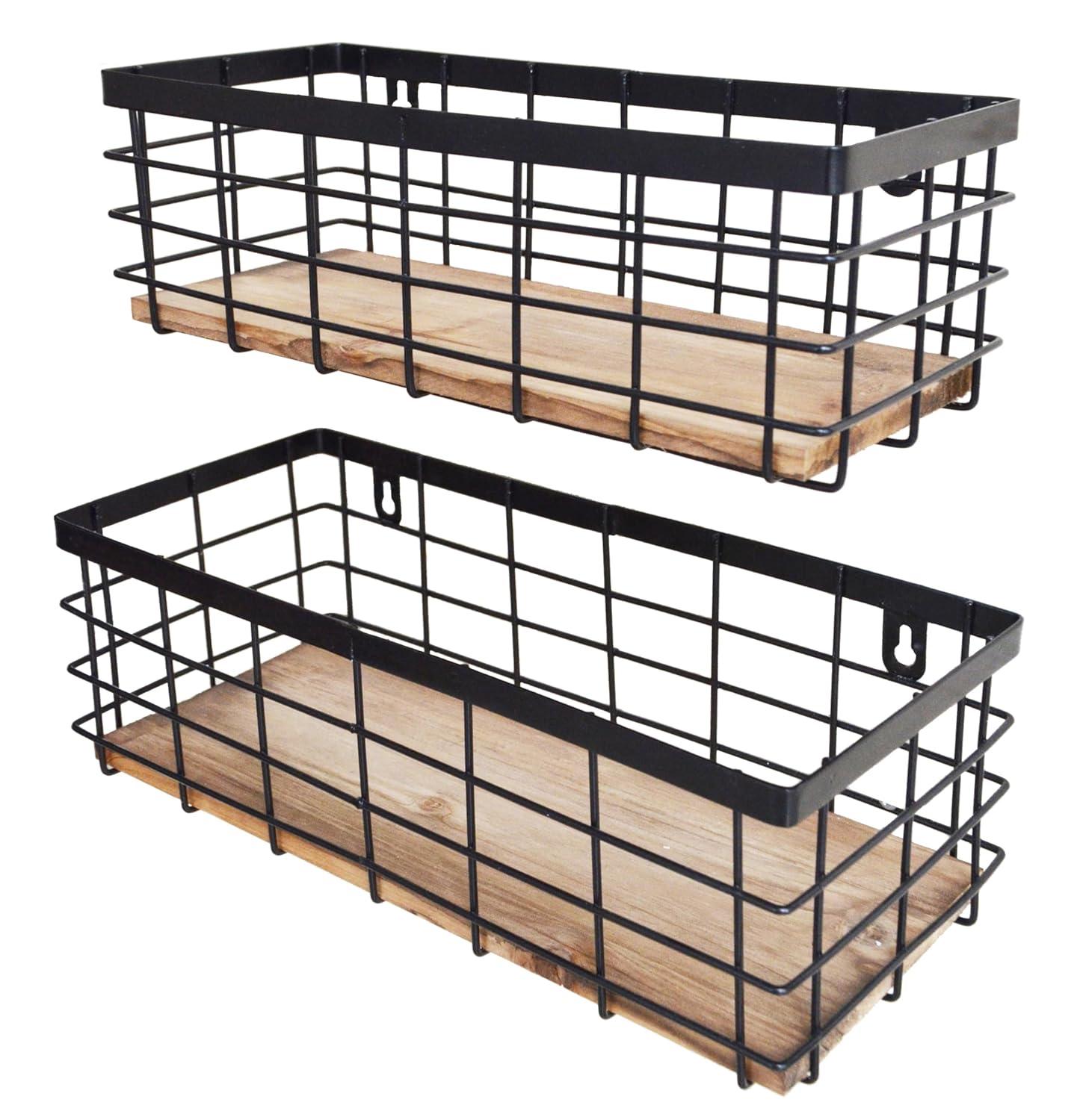 Metal Wire Basket Detachable Wood Base Storage Organizer Farmhouse Small Bins for Kitchen Cabinets, Bathroom, Pantry, Laundry Room, Closets Set of 2,Black Color