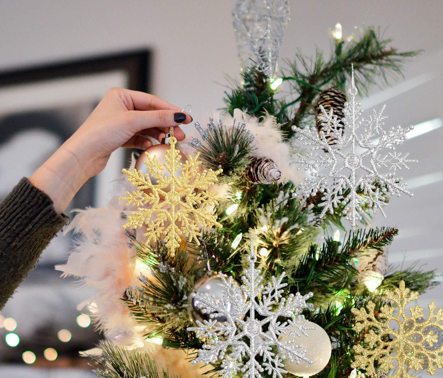 DearHouse 36Pcs Christmas Glitter Snowflake Ornaments, 4 Inch Plastic Snowflake Christmas Tree Ornaments Decorations for Winter Wonderland Christmas Party Decorations, Gold