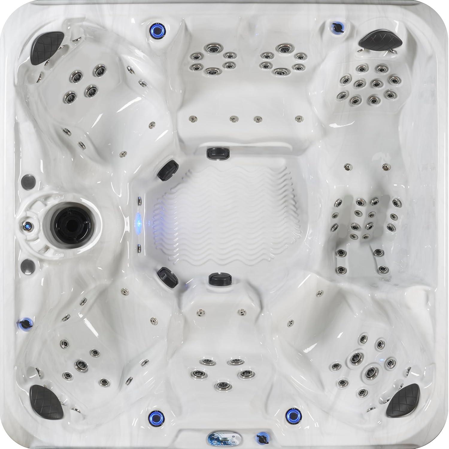 Amplified 6-Person 100-Jet Double-Lounger Hot Tub Spa with Bluetooth Stereo, 3 Pumps, LED Lighting, Stainless Steel Heater and Ozonator, Insulated Cover and Steps Included