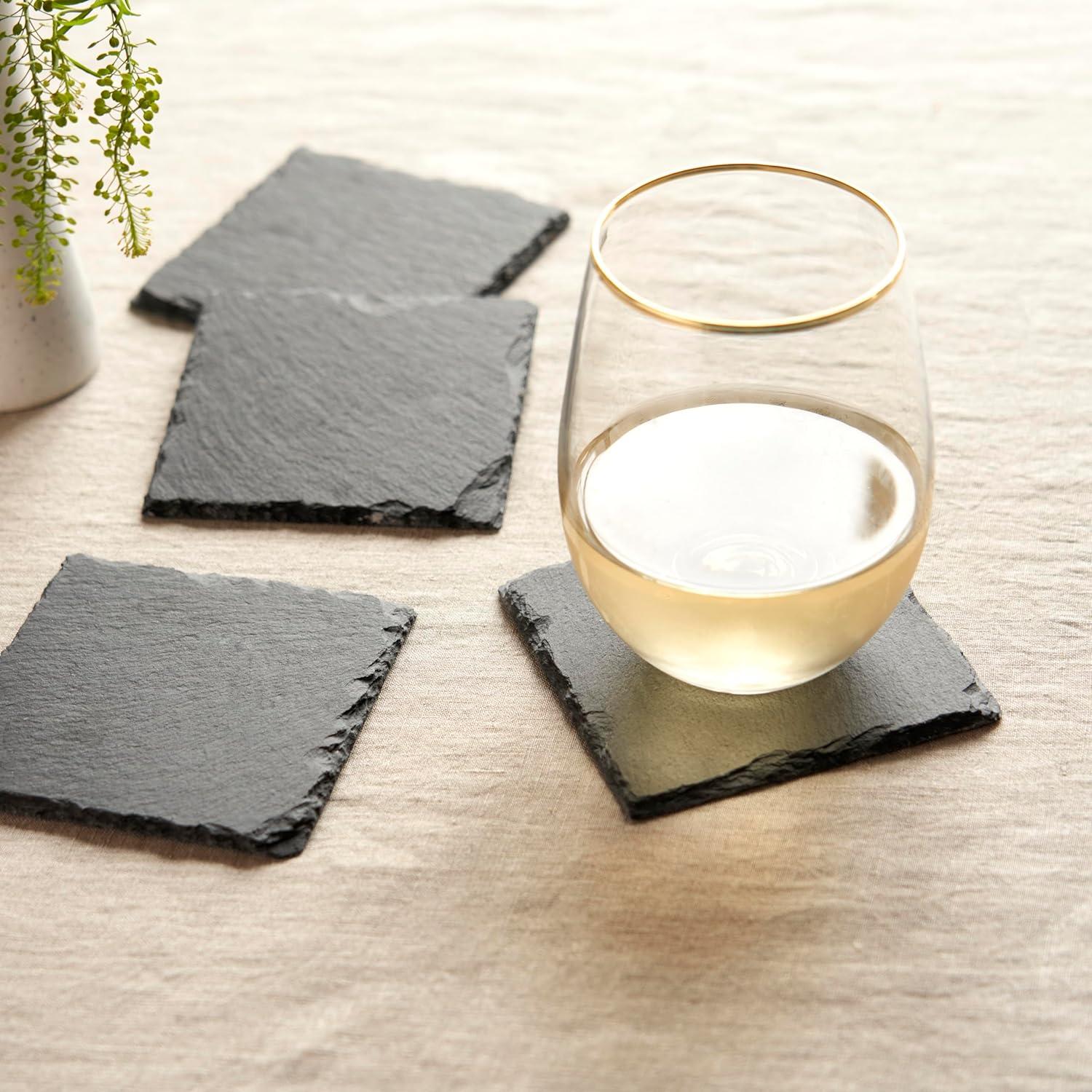 Twine Square Slate Coasters, Modern Square Coasters, Slate with Velvet Backing, Protect Tables and Surfaces, Black, Set of 4